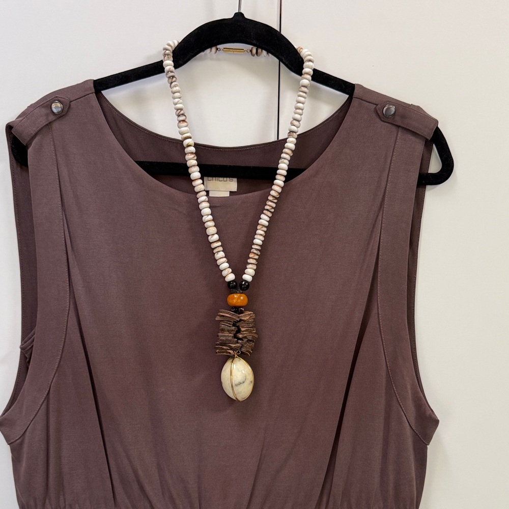 Tribal Ethnic African Marble Egg Pendant Amber Bead Wood Shell Necklace Boho 24”